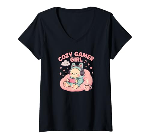 Damen Cozy Gamer Girl Kawaii Cat Spielkonsole Pastell T-Shirt mit V-Ausschnitt von Snug Pixels Club
