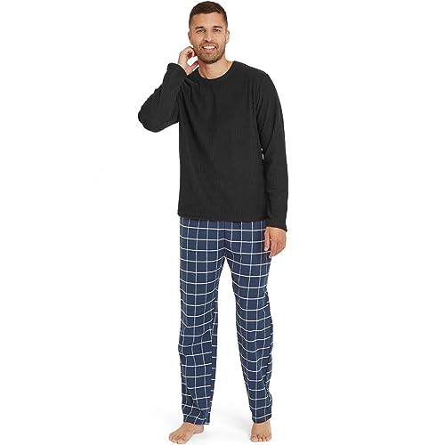 Snuggaroo Herren Schlafanzug-Set aus weichem Fleece mit langen Ärmeln und karierter Hose, Schwarz/Marineblau, XXL von Snuggaroo