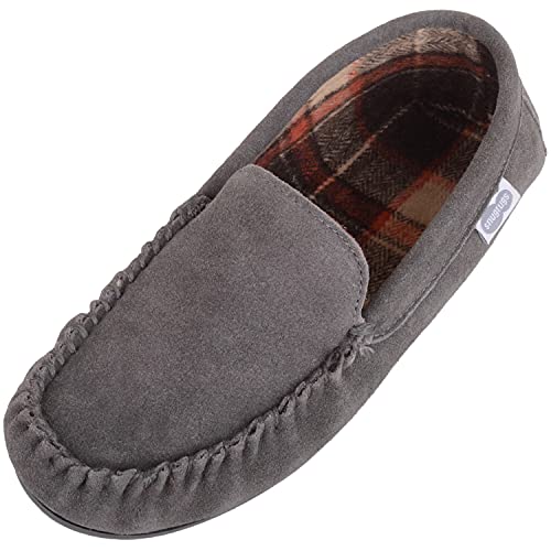 SNUGRUGS Leo Herren-Mokassin-Hausschuhe aus Wildleder, karierte Baumwollinnenseite und Gummisohle, grau, 44 EU von Snugrugs