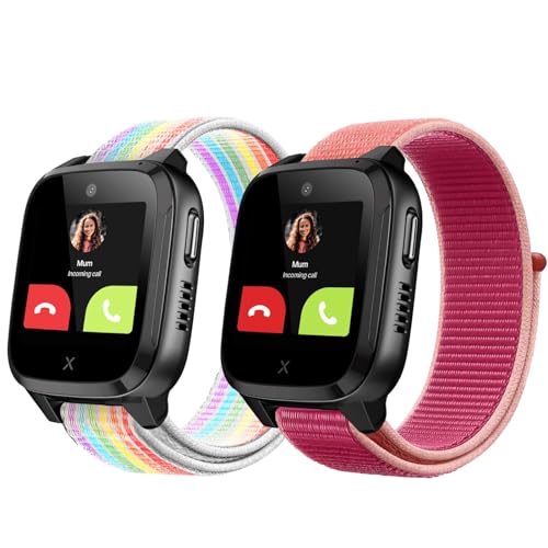 2-Stück Nylon Armbänder Nur Kompatibel mit XPLORA Kidzi Armband, Kids Smartwatch Klettverschluss Mädchen Jungen Verstellbare Ersatz Armbänder Kompatibel mit Xplora Kidzi,Regenbogen+Granatapfel Rot von Snyeest