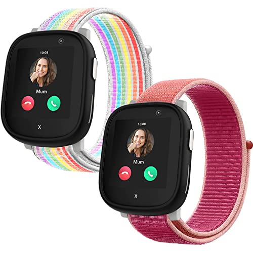 2-Stück Nylon Armbänder kompatibel mit Xplora X6/Anio 6 Armband, Kids Smartwatch Klettverschluss Mädchen Jungen Verstellbare Ersatz Armbänder für X6 Play/X6 Pro/Anio6,Regenbogen+Granatapfel rot von Snyeest