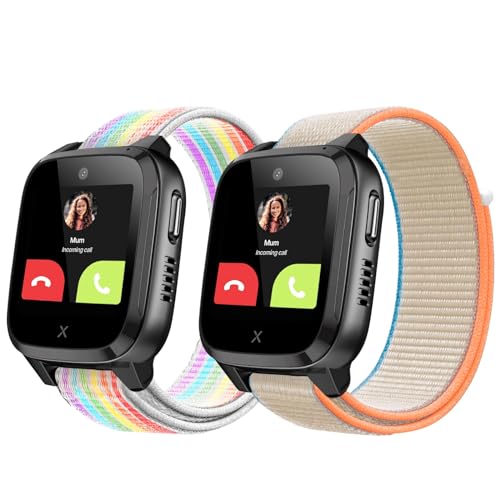 Snyeest 2-Stück Nylon Armbänder Nur Kompatibel mit XPLORA Kidzi Armband, Kids Smartwatch Klettverschluss Mädchen Jungen Verstellbare Ersatz Armbänder Kompatibel mit Xplora Kidzi,Regenbogen+Milch von Snyeest