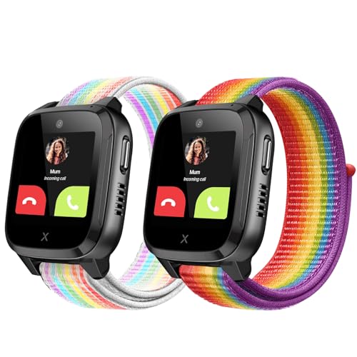 Snyeest 2-Stück Nylon Armbänder Nur Kompatibel mit XPLORA Kidzi Armband, Kids Smartwatch Klettverschluss Mädchen Jungen Verstellbare Ersatz Armbänder Kompatibel mit Xplora Kidzi,Regenbogen+Neon von Snyeest