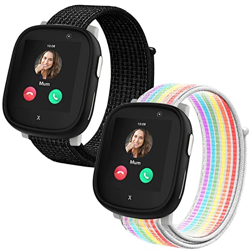 Snyeest 2-Stück Nylon Armbänder kompatibel mit Xplora X6/Anio 6 Armband, Kids Smartwatch Klettverschluss Mädchen Jungen Verstellbare Ersatz Armbänder für X6 Play/X6 Pro/Anio6,Schwarz+Regenbogen von Snyeest
