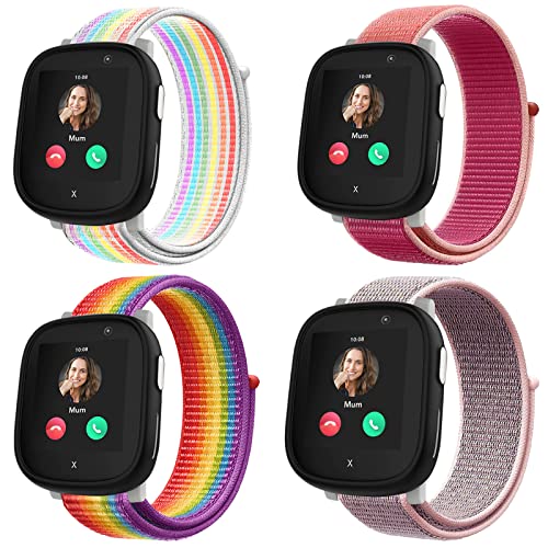 Snyeest 4-Stück Nylon Armbänder kompatibel mit Xplora X6 Armband,Kids Smartwatch Klettverschluss Mädchen Jungen Verstellbare Ersatz Bänder für X6 Play,Regenbogen+Granatapfel Rot+Neon+Rosa von Snyeest