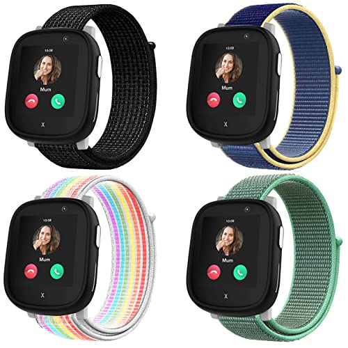 Snyeest 4-Stück Nylon Armbänder kompatibel mit Xplora X6 Armband, Kids Smartwatch Klettverschluss Mädchen Jungen Verstellbare Ersatz Bänder für X6 Play,Schwarz+Eisblau+Regenbogen+Grün von Snyeest