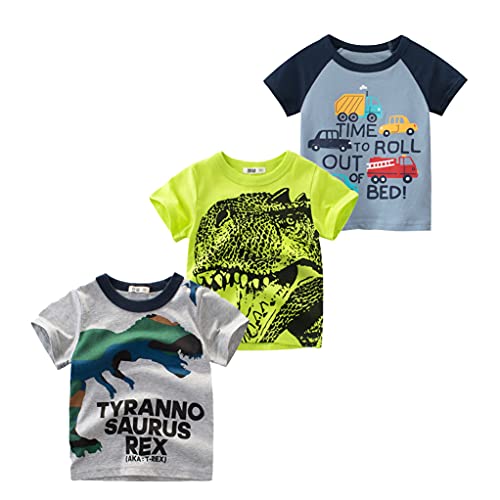 Snyemio 3er Pack Kinder Jungen T-Shirt Kurzarm Baumwolle Cartoon Bedrucktes Sommer Tops 1-7 Jahre, Grau, 104-110 (Etikette 110) von Snyemio