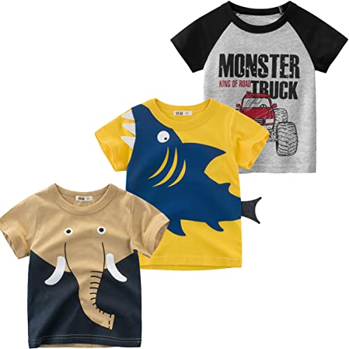 Snyemio 3er Pack Kinder Jungen T-Shirt Kurzarm Baumwolle Cartoon Bedrucktes Sommer Tops 1-7 Jahre,Gelb, 134-140(Etichetta 140) von Snyemio