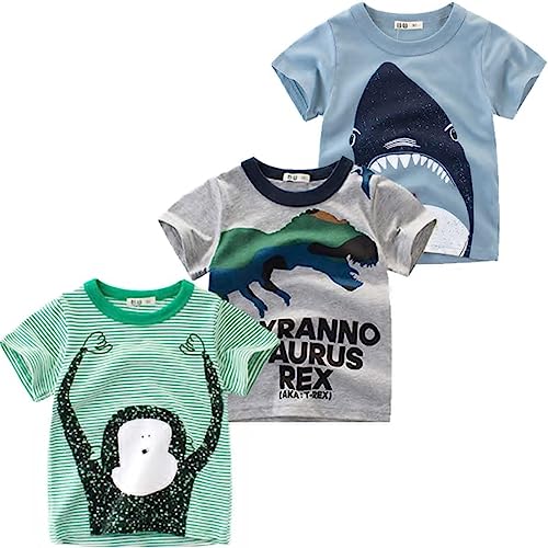 Snyemio 3er Pack Kinder Jungen T-Shirt Kurzarm Baumwolle Cartoon Bedrucktes Sommer Tops 1-7 Jahre,Grün B, 104-110(Etichetta 110) von Snyemio