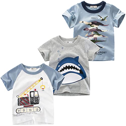 Snyemio 3er Pack Kinder Jungen T-Shirt Kurzarm Baumwolle Cartoon Bedrucktes Sommer Tops 1-7 Jahre,Weiß, 104-110(Etichetta 110) von Snyemio