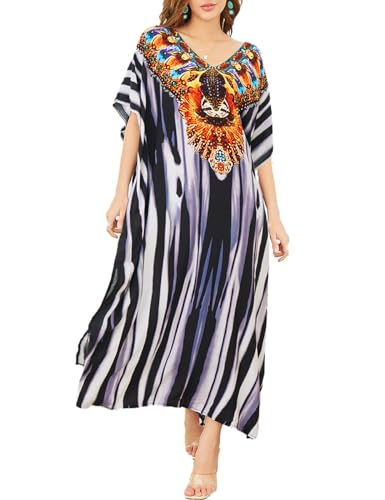 Snyemio Strandkleid Damen Sommer Lang Strand Kaftan Kleid Große Größen V-Ausschnitt Maxikleid Übergröße,Farbe 1,Einheitsgröße von Snyemio