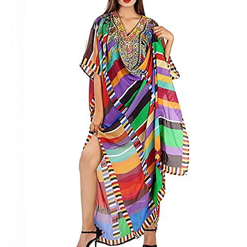 Snyemio Damen Kaftan Strandkleid Boho Floral Lange Übergröße Pareos Lose Kimono Sommer Tunika Maxikleid(Farbe 03, Einheitsgröße) von Snyemio