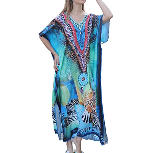 Snyemio Damen Kaftan Strandkleid Boho Floral Lange Übergröße Pareos Lose Kimono Sommer Tunika Maxikleid(Farbe 08, Einheitsgröße) von Snyemio