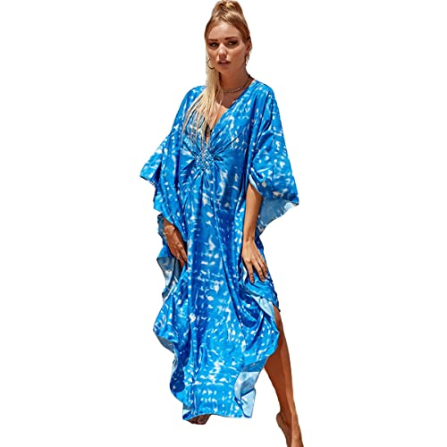 Snyemio Damen Kaftan Strandkleid Boho Floral Lange Übergröße Pareos Lose Kimono Sommer Tunika Maxikleid(Farbe 25, Einheitsgröße) von Snyemio