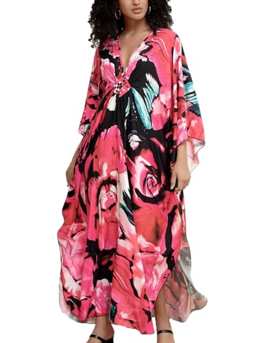 Snyemio Damen Kaftan Strandkleid Boho Floral Lange Übergröße Pareos Lose Kimono Sommer Tunika Maxikleid(Farbe 28, Einheitsgröße) von Snyemio