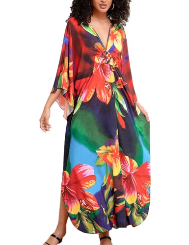 Snyemio Damen Kaftan Strandkleid Boho Floral Lange Übergröße Pareos Lose Kimono Sommer Tunika Maxikleid(Farbe 29, Einheitsgröße) von Snyemio