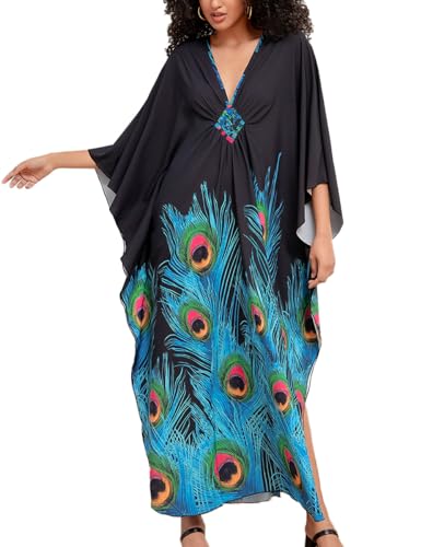 Snyemio Damen Kaftan Strandkleid Boho Floral Lange Übergröße Pareos Lose Kimono Sommer Tunika Maxikleid(Farbe 33, Einheitsgröße) von Snyemio