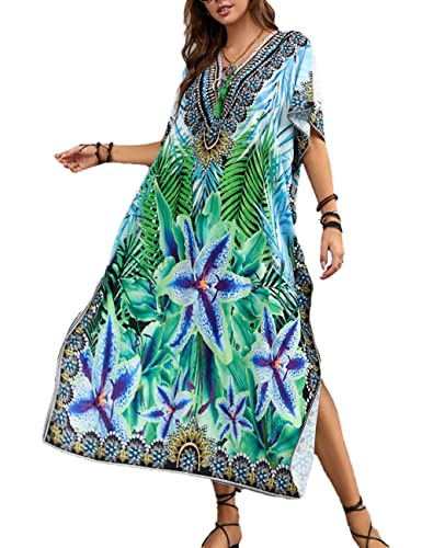 Snyemio Strandkleid Damen Große Größen Strand Kaftan Sommer Lange Leicht Bunt Blumendruck Sommerkleid Maxikleid,Farbe 4,Einheitsgröße von Snyemio