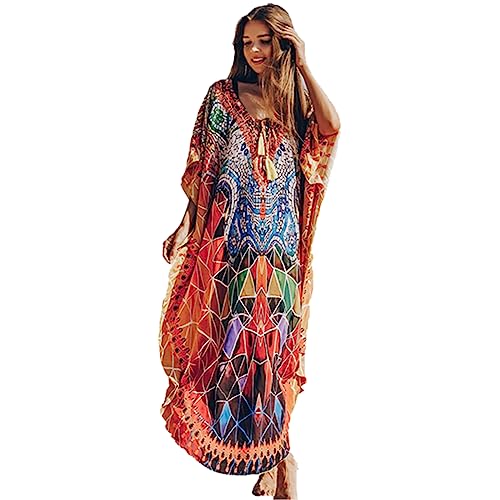 Snyemio Damen Kaftan Strandkleid Boho Floral Lange Übergröße Pareos Lose Kimono Sommer Tunika Maxikleid(Farbe 46, Einheitsgröße) von Snyemio