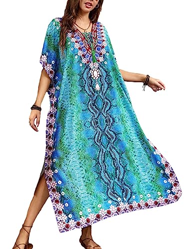 Snyemio Damen Kaftan Strandkleid Boho Floral Lange Übergröße Pareos Lose Kimono Sommer Tunika Maxikleid(Farbe 47, Einheitsgröße) von Snyemio