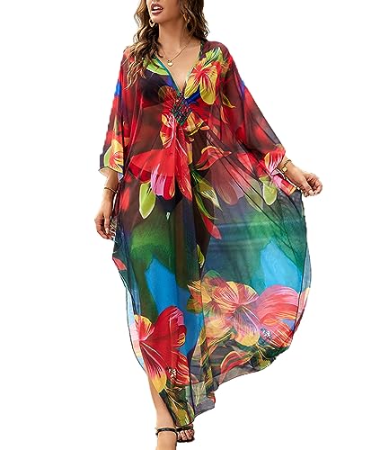 Snyemio Damen Strand Kaftan Sommer Strandkleid Lang Große Größen Tunika Maxikleid Bikini Cover Up Übergröße,Farbe 11,Einheitsgröße von Snyemio