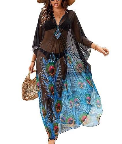 Snyemio Damen Strand Kaftan Sommer Strandkleid Lang Große Größen Tunika Maxikleid Bikini Cover Up Übergröße,Farbe 3,Einheitsgröße von Snyemio