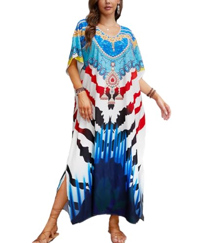 Snyemio Strandkleid Damen Große Größen Strand Kaftan Sommer Lange Leicht Bunt Blumendruck Sommerkleid Maxikleid,Farbe 12,Einheitsgröße von Snyemio