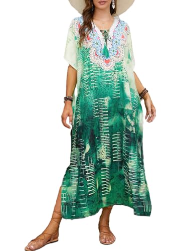 Snyemio Strandkleid Damen Große Größen Strand Kaftan Sommer Lange Leicht Bunt Blumendruck Sommerkleid Maxikleid,Farbe 6,Einheitsgröße von Snyemio