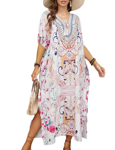Snyemio Strandkleid Damen Große Größen Strand Kaftan Sommer Lange Leicht Bunt Blumendruck Sommerkleid Maxikleid,Farbe 7,Einheitsgröße von Snyemio