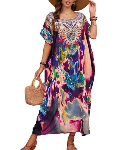 Snyemio Strandkleid Damen Große Größen Strand Kaftan Sommer Lange Leicht Bunt Blumendruck Sommerkleid Maxikleid,Farbe 9,Einheitsgröße von Snyemio