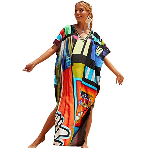 Snyemio Damen Strand Kaftan Lange Sommer Maxikleid Strandkleid Große Größen StrandKaftan Leicht Bikini Cover Up,Farbe 1,Einheitsgröße von Snyemio