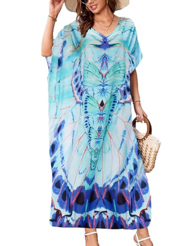 Snyemio Strandkleid Damen Sommer Lang Strand Kaftan Kleid Große Größen V-Ausschnitt Maxikleid Übergröße,Farbe 3,Einheitsgröße von Snyemio