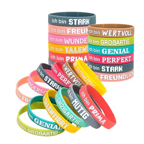 Snyvpra 24 Stück Kleine Geschenke Für Kinder, Mitgebsel Kindergeburtstag, Motivationsarmbänder Kinder Auf Deutsch 18cm Silikonarmband Mitgebsel Mitbringsel Kindergeburtstag Einschulung Geschenk von Snyvpra