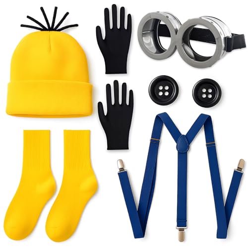 7 Stück Minion Kostüm Erwachsene Set Für Damen Herren (Mütze*1 Brille*1 Hosenträger*1 Handschuhe*1 Socken*1 Knöpfe*2) Minions Kostüm Erwachsene Kinder Für Karneval, Cosplay, Halloween Kostüme von Snyvpra