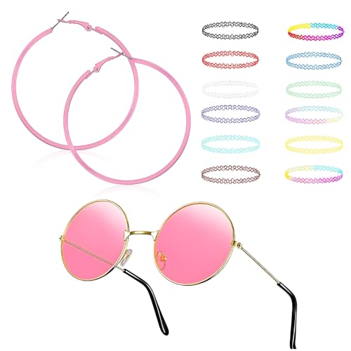 14 Stück 90er jahre outfit damen Set, Große Dünne Creolen 80er 90er Jahre Party Minimalistische Rund Ohrringe, Hippie Vintage Sonnenbrille Retro Runde Brille, 12 choker kette damen für Damen von Snyvpra