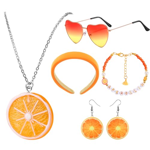 Snyvpra 5 Stück Aperol Spritz Kostüm Accessoires-Aperol Ohrringe Aperol Sonnenbrille Armband Haarreif Halskette, Aperol Geschenkset, Aperol Kostüm Accessoires, Für Frau Karneval Orange Partys von Snyvpra