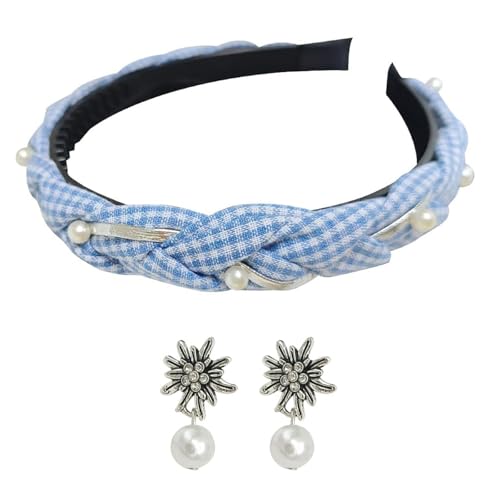 Snyvpra Damen Oktoberfest Accessoires Set mit Blau-Weiß Kariertem Geflochtenem Haarreif mit Perlen und Passendem Ohrring, Traditioneller Vintage Haarschmuck für Oktoberfestfeste, Partys von Snyvpra