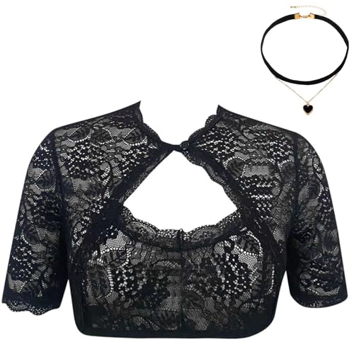 Snyvpra Dirndl Bluse Damen,Schwarzes Dirndl Oberteil Mit Passender Kette,Trachtenbluse Damen Für Oktoberfest Und Traditionelle Veranstaltungen,2-Teiliges Set Mit Bluse Und Halskette,Dirndlbluse,M Code von Snyvpra