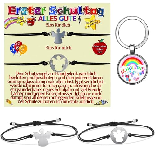 Snyvpra Einschulungsgeschenke Mädchen, 2 Stück Schutzengel Armband, Mutter Tochter Armband, Einschulung Mädchen, Schulkind 2025 mädchen, Erster Schultag Geschenkset, Regenbogen Schlüsselring von Snyvpra