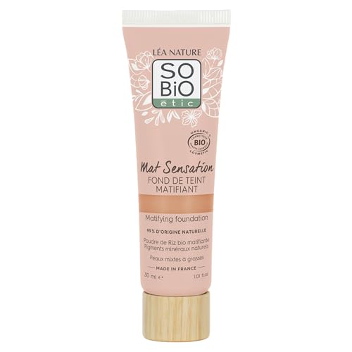 LÉA NATURE SO Bio étic | Bio-zertifizierte mattierende Foundation – Mat Sensation | Goldbeige | vereinheitlicht & mattiert den Teint | Mattierendes & Puder-Finish | Mattierendes Bio-Reispulver | Vegan von So'Bio Étic