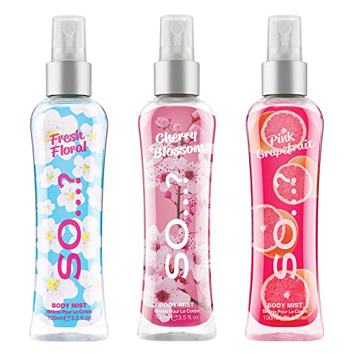 Body Mist By So…? Damen Körpernebel Fresh Floral, Cherry Blossom, Pink Grapefruit Körperspray Gemischte Duftbündel 100ml (3er-Pack) von So...?