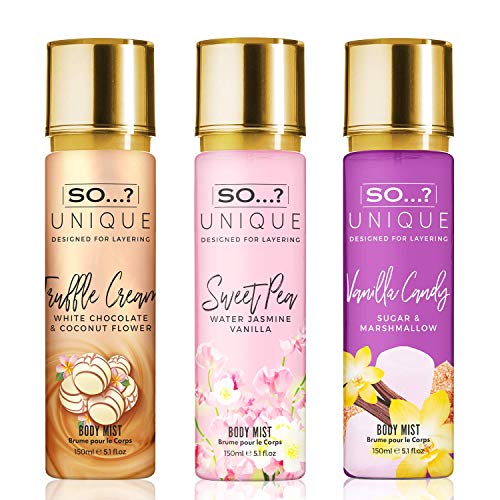 So...?. Unique Damen Candy Kiss Duftset, Truffle Cream, Sweet Pea, Vanilla Candy Körpernebelsprays, gemischtes Duftset, 150ml (3 Stück) von So...?