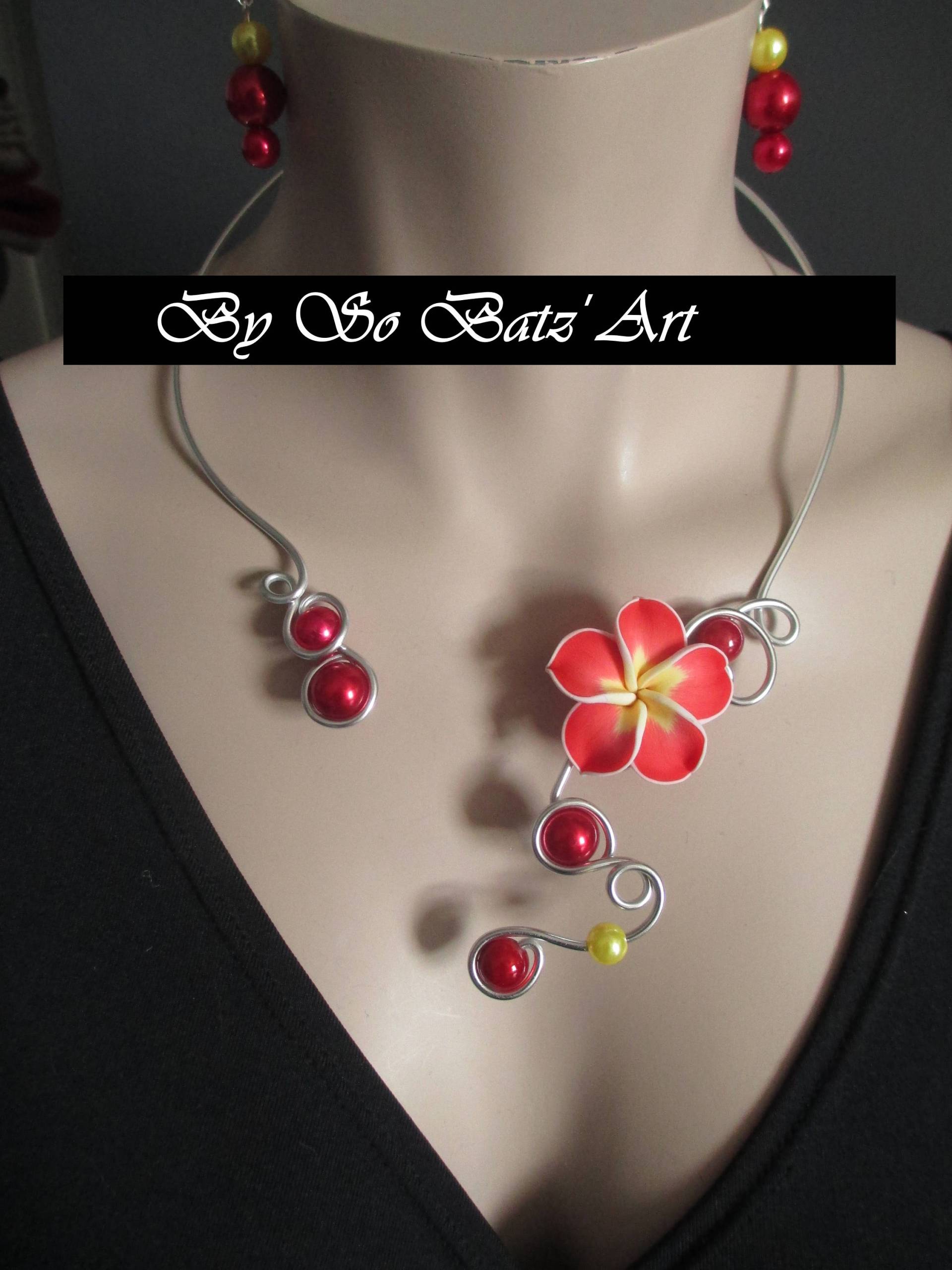 Halskette + Ohrringe "Piment" Blume Und Rote Gelbe Perlen Halskette + Ohrringe "Piment" Blume Und Rote Gelbe Perlen von SoBatzArt