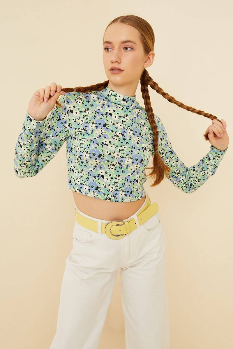 Blau & Grün Blumenmuster Sommer Crop Top, Baumwolle Freizeitbluse, Bluse Mit Stehkragen, Langarm Bluse, Rollkragen Trendige von SoHoChiic
