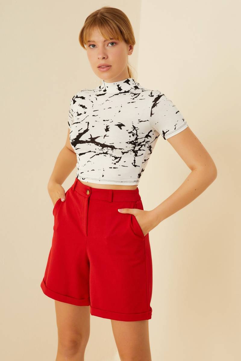 Halb Rollkragen Top, Baumwolle Crop, Schwarz-Weiß-Kurzarm-Bluse, Stehkragen Crop T-Shirt, Frauen Blusen, Print Bluse von SoHoChiic