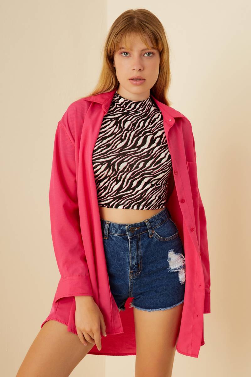 Zebra-Design-Crop-Top, Schwarz-Weiß-Crop-Top Mit Rosa Effekt, Baumwoll-Crop-Top, Halbrollkragen-Oberteil, Kurzarm Zebra-Bluse, Zebra-Top von SoHoChiic