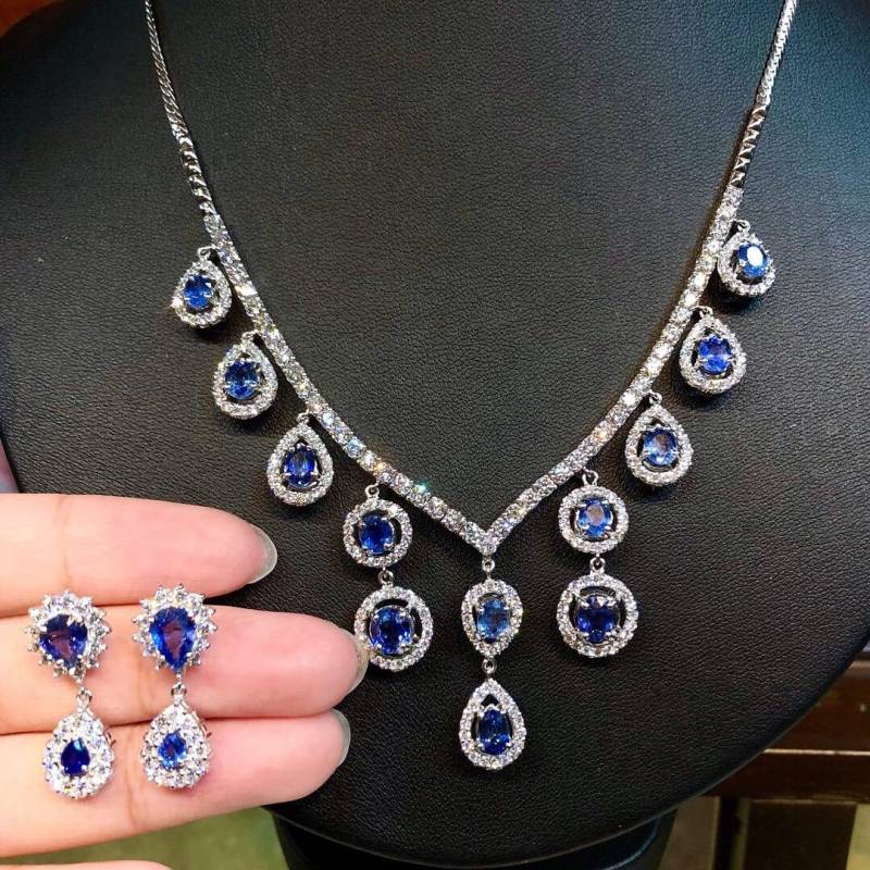 Beeindruckend 20.22Tcw Ceylon Blau Saphir Vs Diamanten in 18 K Weißgold Handgemachte Halskette Natürliche Kronleuchter Ohrringe Anhänger Geschenk von SoPerfectJewelry