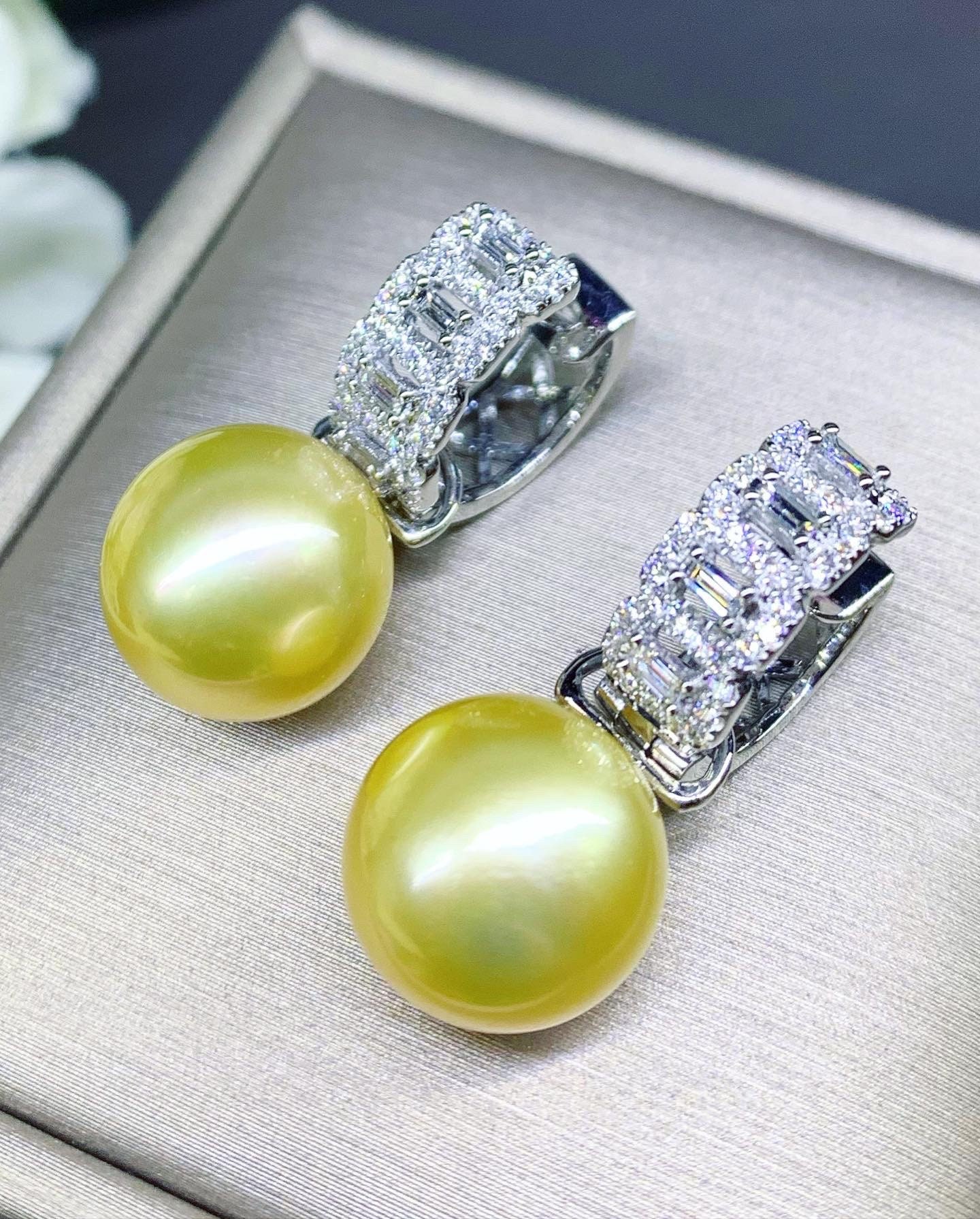 Einzigartige 13 Mm Golden South Sea Perle Diamant 18K Solid White Gold Ohrringe Reifen 2-In-1 Abnehmbare Echte Kultur Australien Braut Hochzeit von SoPerfectJewelry