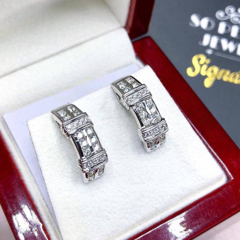 Funkelnde Diamanten in 18K Weißgoldohrringe 0.88Tcw Handgefertigte Unikat Von Einer Art Reifen Stud Cocktail Hochzeit Natürliche Lange Deco von SoPerfectJewelry