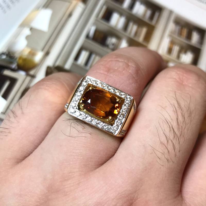 Unisex 4.10Tcw Gelb Orange Saphir & F/Vvs Diamanten in 750Er Massivem Schwerem Gelbgold Handgefertigter Ring Herrenring Ringklasse Ceylon Herren von SoPerfectJewelry